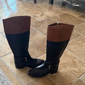 Vince Camuto Black and Brown Knee-High Leather Heeled Boots